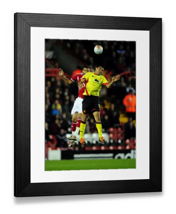 Framed Print : Bristol City vs. Watford: Liam Fontaine vs. Troy Deeney's Aerial Battle at Ashton Gate Stadium, 2012