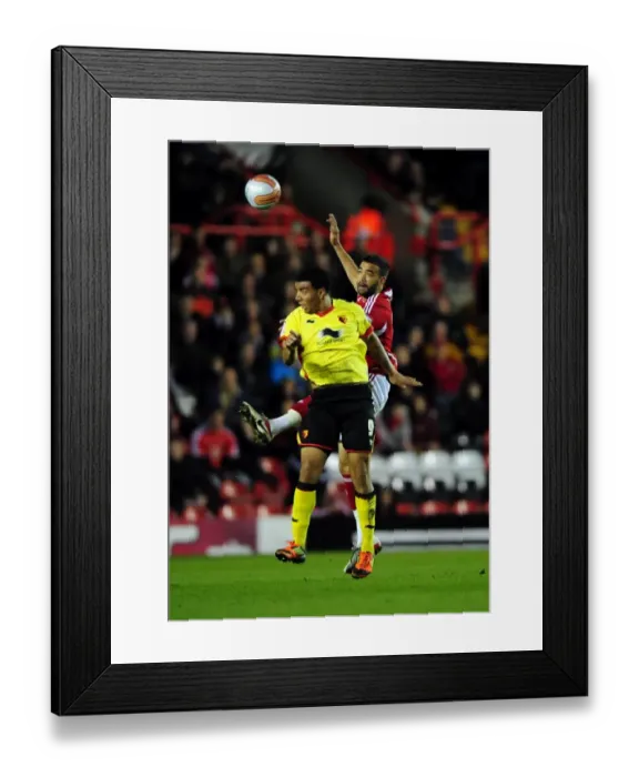 Framed Print : Bristol City vs. Watford: Aerial Showdown - Liam Fontaine vs. Troy Deeney, 2012 Framed Print : Bristol City vs. Watford: Aerial Showdown - Liam Fontaine vs. Troy Deeney, 2012