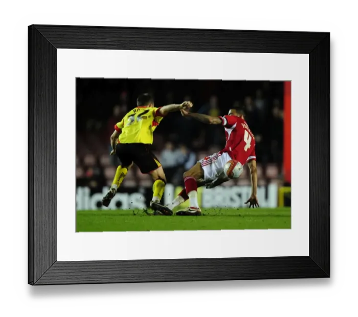 Framed Print : Bristol City's Liam Fontaine Red-Carded for Foul on Watford's Jonathan Hogg Framed Print : Bristol City's Liam Fontaine Red-Carded for Foul on Watford's Jonathan Hogg