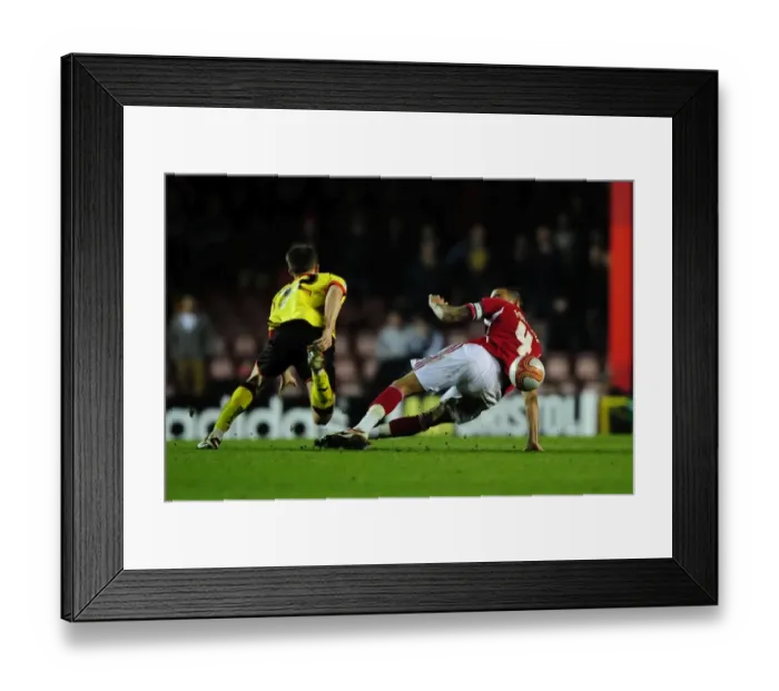 Framed Print : Bristol City's Liam Fontaine Red-Carded for Foul on Watford's Jonathan Hogg (2013) Framed Print : Bristol City's Liam Fontaine Red-Carded for Foul on Watford's Jonathan Hogg (2013)
