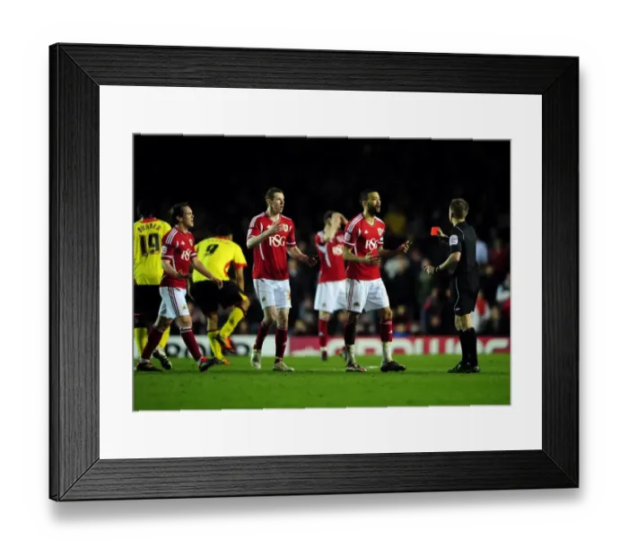 Framed Print : Bristol City in Disbelief: Liam Fontaine Receives Straight Red vs. Watford (2012)