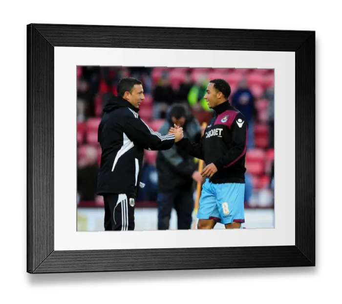 Framed Print : Bristol City vs. West Ham: Derek McInnes and Nicky Maynard Embrace Post-Match at Ashton Gate Stadium Framed Print : Bristol City vs. West Ham: Derek McInnes and Nicky Maynard Embrace Post-Match at Ashton Gate Stadium