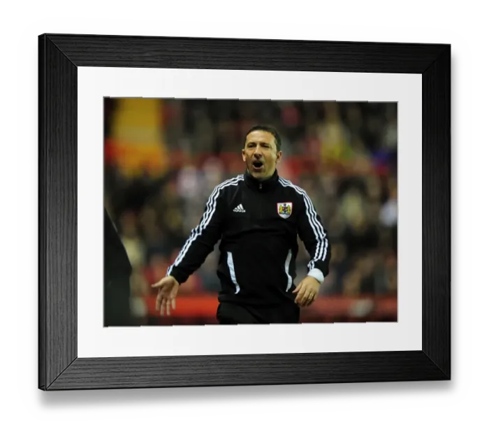Framed Print : Bristol City Manager Derek McInnes Rallies Fans During Bristol City vs. West Ham Match, 2012