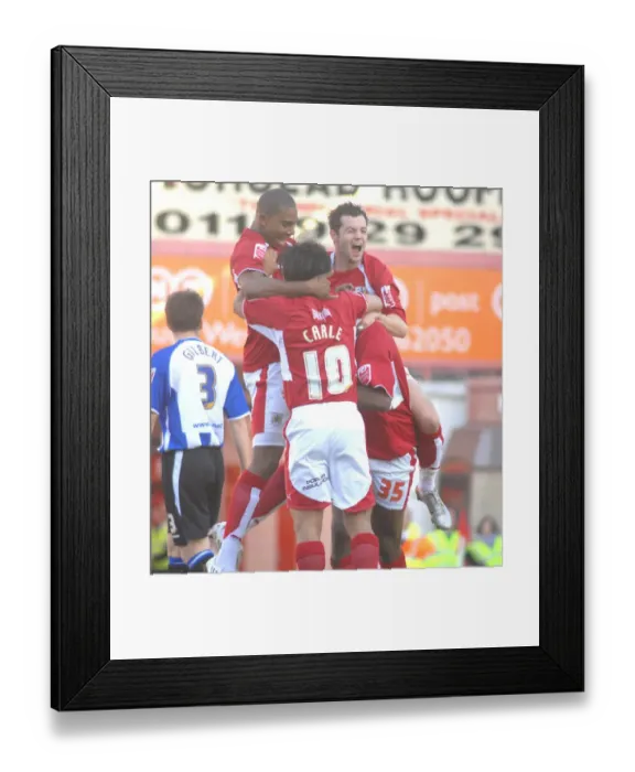 Framed Print : Bristol City Football Team in Euphoric Group Celebration After Win Against Sheffield Wednesday Framed Print : Bristol City Football Team in Euphoric Group Celebration After Win Against Sheffield Wednesday