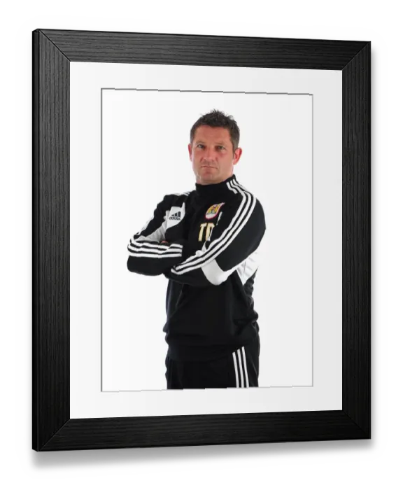 Framed Print : Bristol City Assistant Manager Tony Docherty - Pre-Season Head Shot at Ashton Gate Stadium