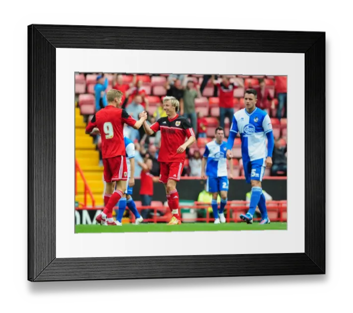 Framed Print : Bristol City's Martyn Woolford and Jon Stead Celebrate Goal during Louis Carey's Testimonial Match vs. Bristol Rovers, August 4, 2012