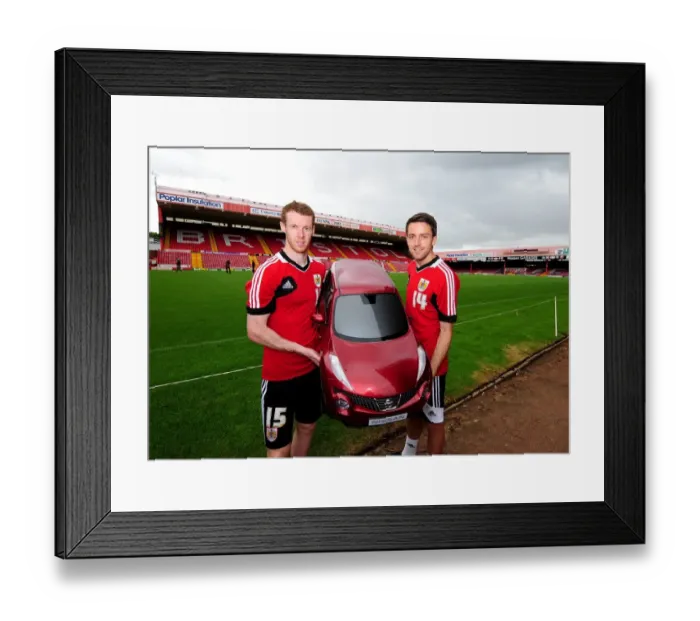 Framed Print : Bristol City Footballers with Wessex Garages Baby Duke at Open Day (July 2012)