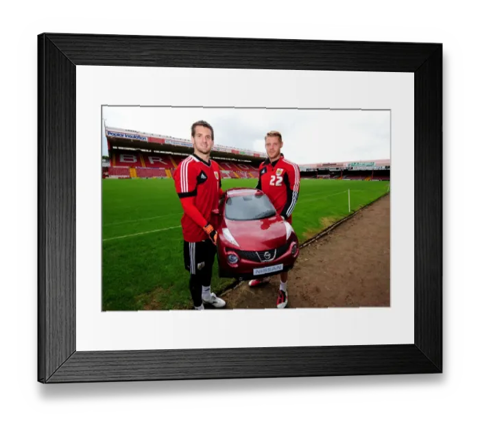 Framed Print : Bristol City FC Goalkeepers Tom Heaton and Dean Gerken with Baby Duke from Wessex Garages at Pre-Season Open Day Framed Print : Bristol City FC Goalkeepers Tom Heaton and Dean Gerken with Baby Duke from Wessex Garages at Pre-Season Open Day