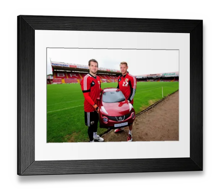 Framed Print : Bristol City FC Goalkeepers Tom Heaton and Dean Gerken with Baby Duke at Pre-Season Open Day (July 2012)