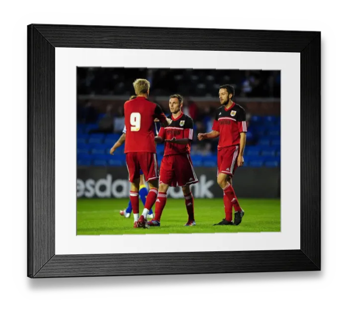 Framed Print : Bristol City Celebration: Anderson, Stead, and Skuse Rejoice in Pre-Season Victory over Kilmarnock Framed Print : Bristol City Celebration: Anderson, Stead, and Skuse Rejoice in Pre-Season Victory over Kilmarnock