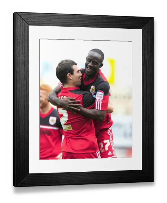 Framed Print : Adomah and Foster Celebrate Bristol City's Goal Against Blackburn Rovers, Championship 2012