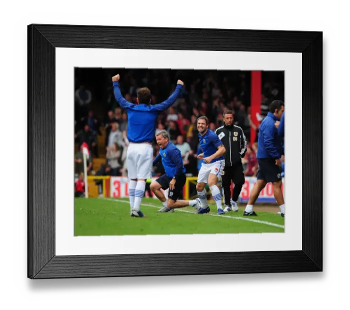 Framed Print : Blackburn Rovers David Dunn Celebrates Championship Win with Backroom Staff at Ashton Gate Stadium