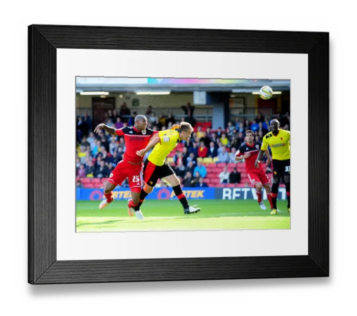 Framed Print : Marvin Elliott Heads in the Goal: Watford vs. Bristol City Championship Clash, September 2012