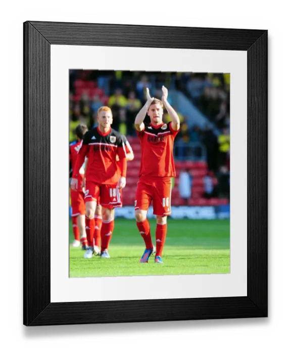 Framed Print : Steven Davies Appreciates Bristol City Fans at Vicarage Road, 2012 Framed Print : Steven Davies Appreciates Bristol City Fans at Vicarage Road, 2012