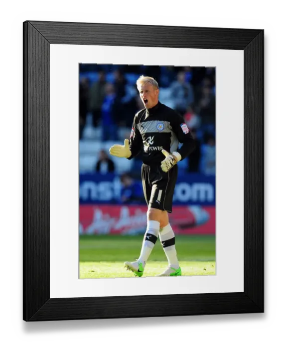 Framed Print : Kasper Schmeichel's Exuberant Celebration of Leicester City's Second Goal vs. Bristol City (10 / 06 / 2012)