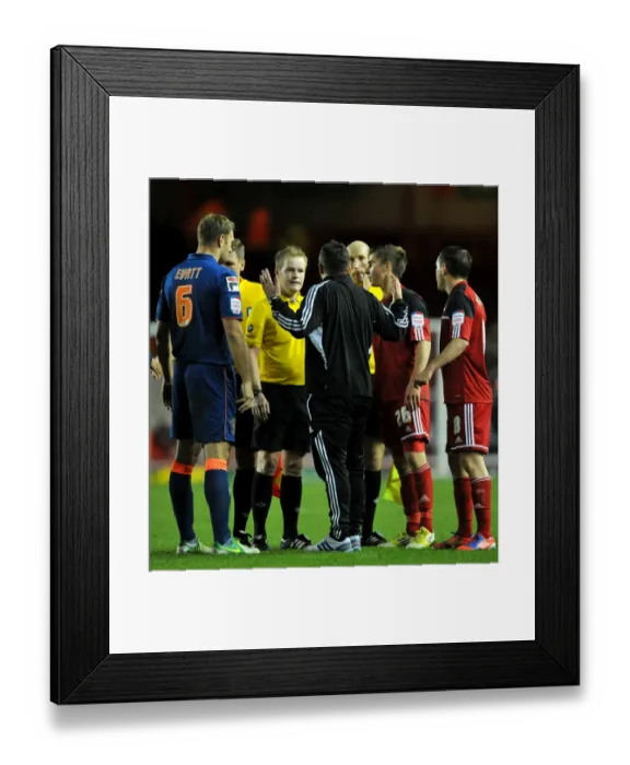 Framed Print : Derek McInnes Faces Referee Gavin Ward after Bristol City's Championship Clash vs Blackpool