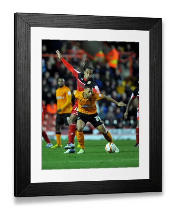 Framed Print : Battling Midfielders: Neil Danns of Bristol City and David Davis of Wolverhampton Wanderers Clash for the Ball in Championship Match Framed Print : Battling Midfielders: Neil Danns of Bristol City and David Davis of Wolverhampton Wanderers Clash for the Ball in Championship Match