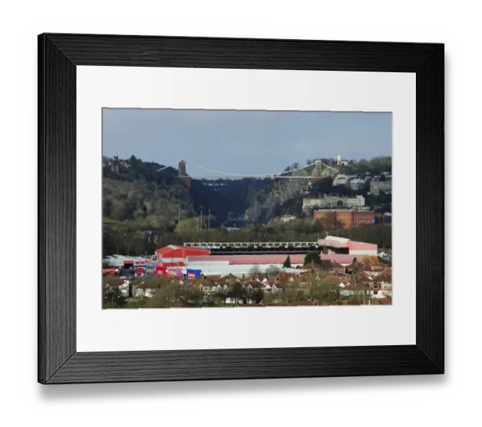 Framed Print : Bristol City Football Club at Ashton Gate Stadium with Clifton Suspension Bridge Backdrop
