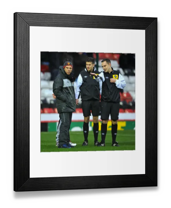 Framed Print : Bristol City vs. Watford: Managers Derek McInnes and Gianfranco Zola Discuss with Referee Before Game's Postponement Framed Print : Bristol City vs. Watford: Managers Derek McInnes and Gianfranco Zola Discuss with Referee Before Game's Postponement