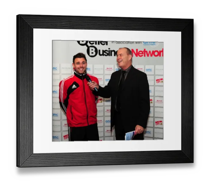 Framed Print : Laughing Old Boys: Paul Anderson and Paul Cheesley Share a Moment at Ashton Gate during Bristol City vs. Peterborough United, Championship Match (December 2012)