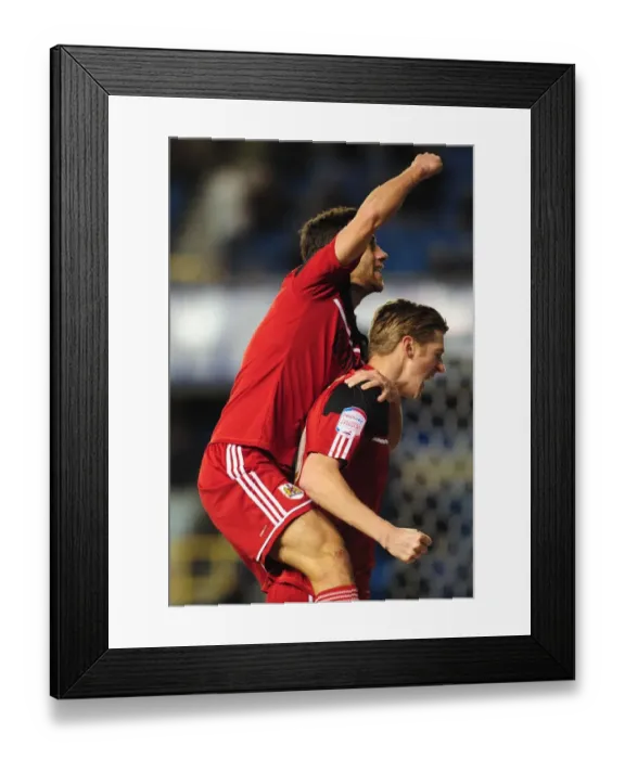 Framed Print : Exultant Teammates: Sam Baldock and Jon Stead Celebrate Goal at Millwall's The Den, Championship 2013 Framed Print : Exultant Teammates: Sam Baldock and Jon Stead Celebrate Goal at Millwall's The Den, Championship 2013