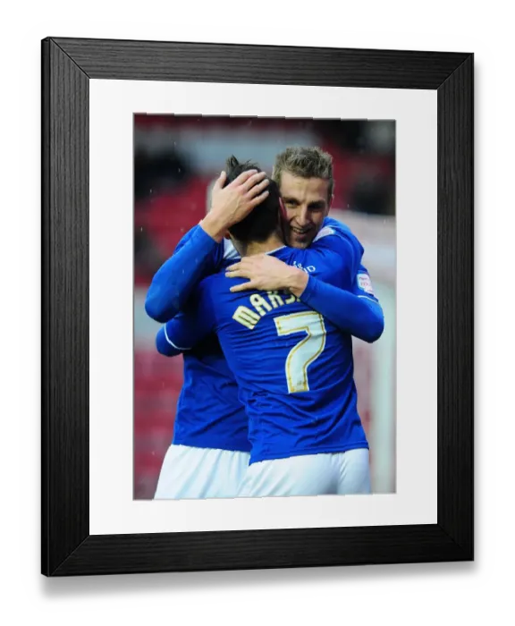 Framed Print : Chris Wood and Ben Marshall Celebrate Leicester City's Double Strike against Bristol City (Bristol City vs Leicester City, Championship)