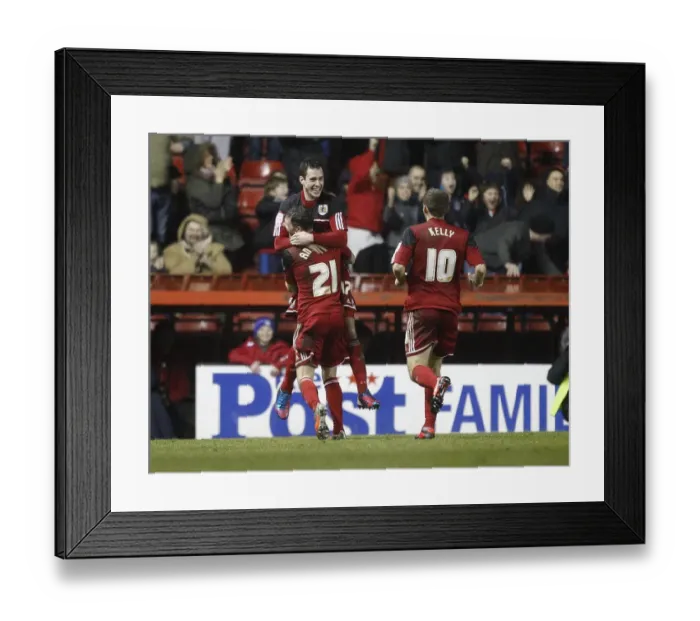 Framed Print : Bristol City's Double Celebration: Cunningham and Anderson Score Against Watford (January 2013) Framed Print : Bristol City's Double Celebration: Cunningham and Anderson Score Against Watford (January 2013)