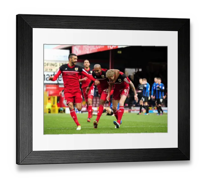 Framed Print : Triumphant Moment: Jon Stead, Marvin Elliott, and Liam Fontaine's Euphoric Celebration after Bristol City's Npower Championship Win against Barnsley Framed Print : Triumphant Moment: Jon Stead, Marvin Elliott, and Liam Fontaine's Euphoric Celebration after Bristol City's Npower Championship Win against Barnsley