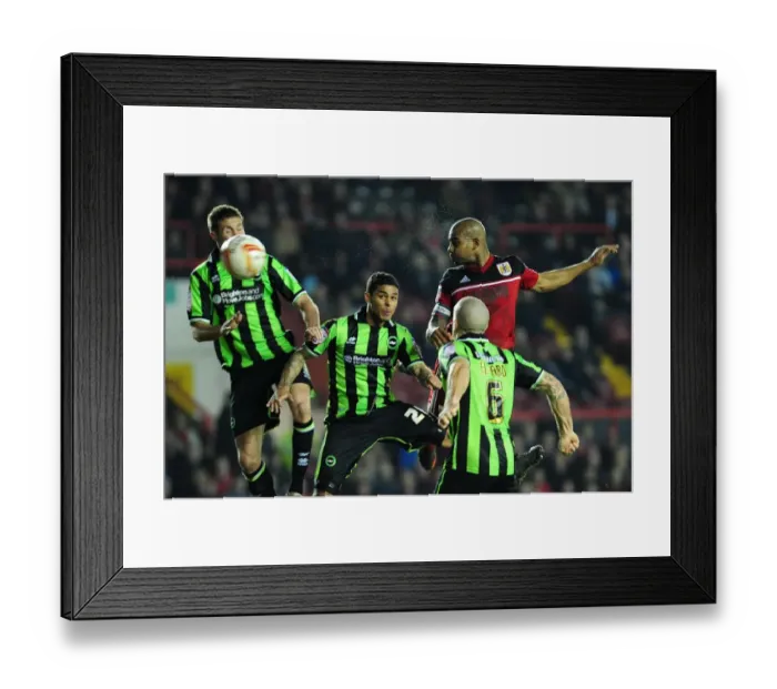 Framed Print : Marvin Elliott's Headed Goal Attempt vs. Brighton and Hove Albion, Bristol City, 2013