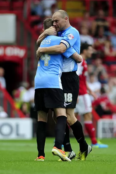 Celebrating the Goal: Jones and Yeates Rejoice with Nahki Wells after Scoring for Bradford City against Bristol City (August 3, 2013)