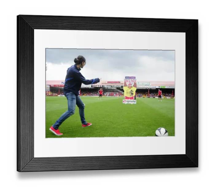 Framed Print : Natalia Pablos Sanchon Takes on the Through My Belly Challenge at Ashton Gate during Bristol City vs Bradford City Framed Print : Natalia Pablos Sanchon Takes on the Through My Belly Challenge at Ashton Gate during Bristol City vs Bradford City