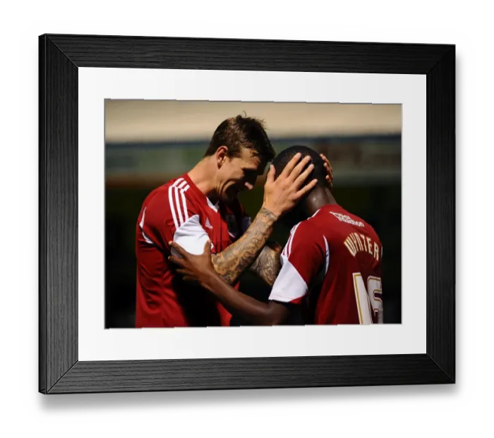 Framed Print : Bristol City's Jordan Wynter Scores and Celebrates with Aden Flint vs Gillingham (06-08-2013) Framed Print : Bristol City's Jordan Wynter Scores and Celebrates with Aden Flint vs Gillingham (06-08-2013)