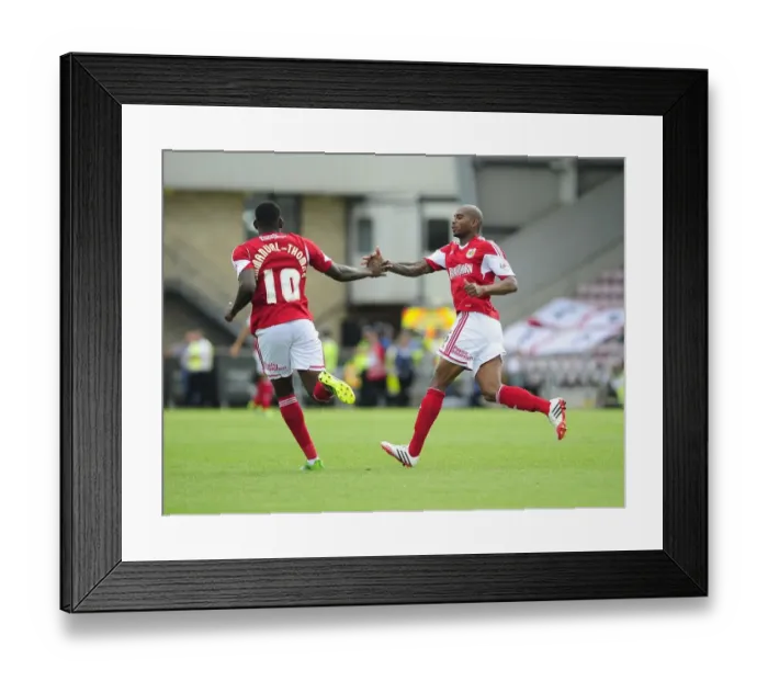 Framed Print : Bristol City Celebrate Goal: Elliott and Emmanuel-Thomas Rejoice at Sixfields Stadium (Coventry vs. Bristol City, 2013)