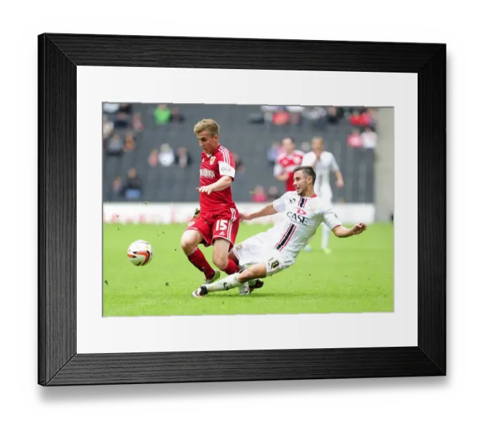 Framed Print : Milton Keynes Dons George Baldock Fouls Joe Bryan in Milton Keynes Dons vs. Bristol City Football Match, Sky Bet League One (August 24, 2013)