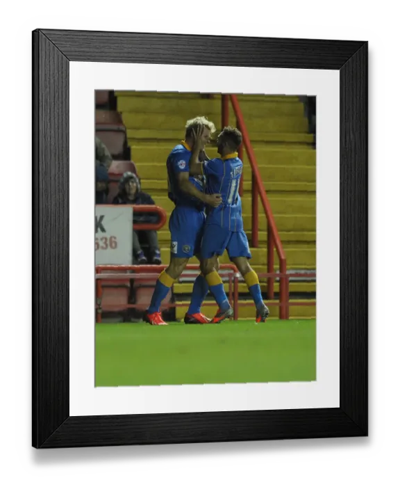 Framed Print : Jon Taylor and Curtis Main's Goal Celebration: Shrewsbury Town's Historic First Goal Against Bristol City (September 13, 2013) Framed Print : Jon Taylor and Curtis Main's Goal Celebration: Shrewsbury Town's Historic First Goal Against Bristol City (September 13, 2013)