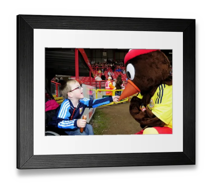 Framed Print : Bristol City Mascot Welcomes Young Fan at Ashton Gate during Bristol City vs Colchester United, Sky Bet League One (September 2013)