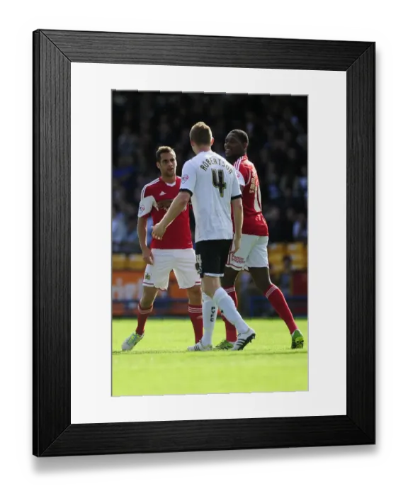 Framed Print : Bristol City: Jay Emmanuel-Thomas Intervenes in Heated Moment between Sam Baldock and Chris Robertson during Port Vale vs. Bristol City Match, October 2013 Framed Print : Bristol City: Jay Emmanuel-Thomas Intervenes in Heated Moment between Sam Baldock and Chris Robertson during Port Vale vs. Bristol City Match, October 2013