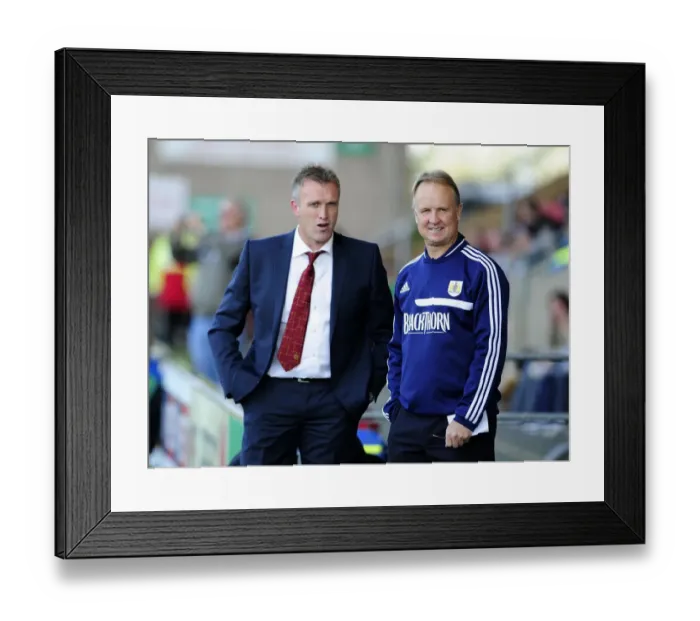 Framed Print : Steve Davis and Sean O'Driscoll: A Pre-Match Conversation between Managers at Crewe Alexandra's Alexandra Stadium (Crewe V Bristol City, 2013)