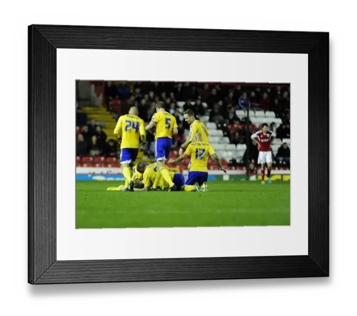 Framed Print : Brentford Celebrates: Sam Saunders Scores Against Bristol City, 2013 Framed Print : Brentford Celebrates: Sam Saunders Scores Against Bristol City, 2013