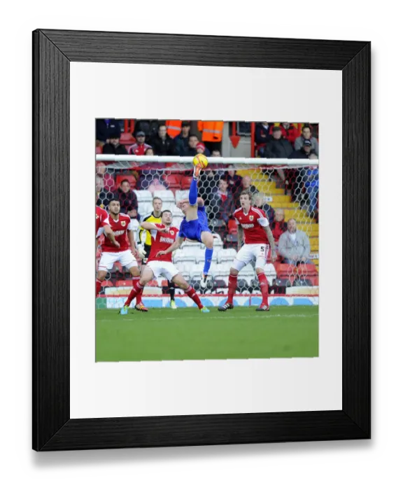 Framed Print : Tight Call: Rooney's Overhead Kick Nearly Scores for Oldham Against Bristol City