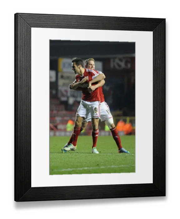Framed Print : Bristol City's Double Delight: Wagstaff and Baldock Celebrate Cuthbert's Own Goal Framed Print : Bristol City's Double Delight: Wagstaff and Baldock Celebrate Cuthbert's Own Goal