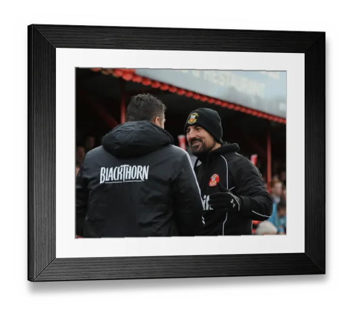 Framed Print : Steve Cotterill and Dale Belford Greet Each Other Ahead of Tamworth vs. Bristol City FA Cup Match
