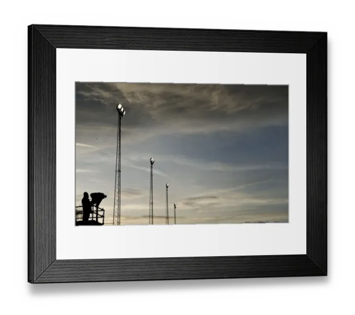 Framed Print : FA Cup Sunset: ITV Cameraman and Floodlights at Tamworth's The Lamb Ground