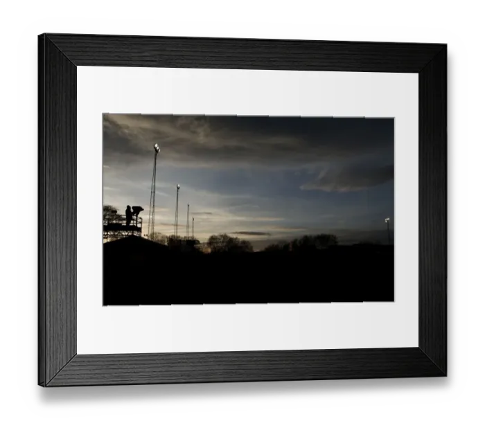 Framed Print : FA Cup Sunset: ITV Cameraman and Floodlights at Tamworth's The Lamb Ground
