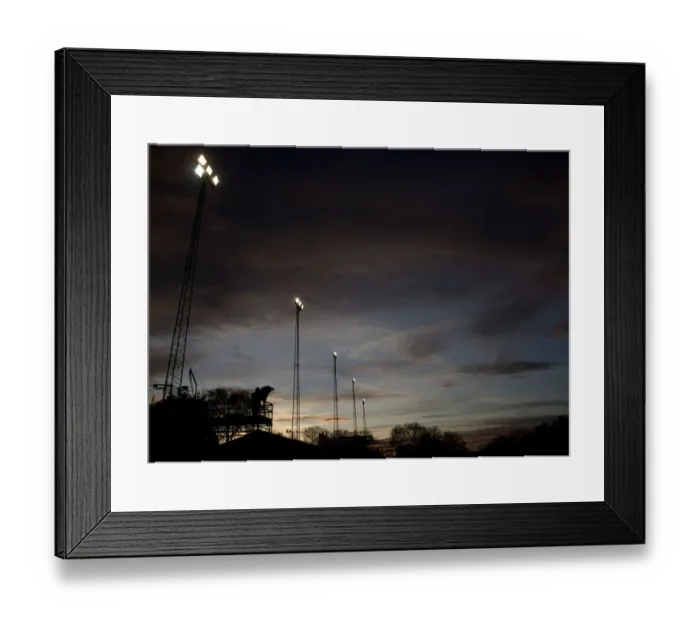 Framed Print : FA Cup Second Round: Sunset at The Lamb Ground - Tamworth vs. Bristol City - ITV Cameraman and Floodlights
