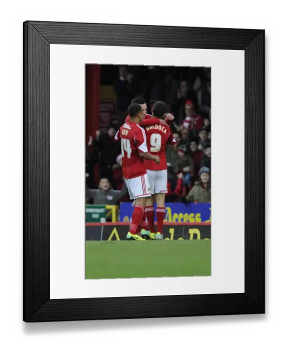 Framed Print : Bristol City Celebrates: Sam Baldock's Goal Against Walsall (December 2013) Framed Print : Bristol City Celebrates: Sam Baldock's Goal Against Walsall (December 2013)