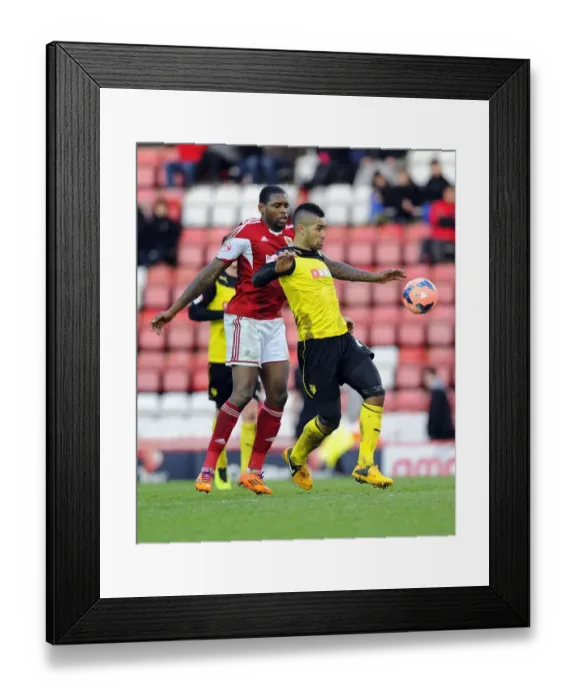 Framed Print : Battling for Possession: Jay Emmanuel-Thomas vs. Lewis McGugan in the FA Cup Third Round Clash between Bristol City and Watford Framed Print : Battling for Possession: Jay Emmanuel-Thomas vs. Lewis McGugan in the FA Cup Third Round Clash between Bristol City and Watford