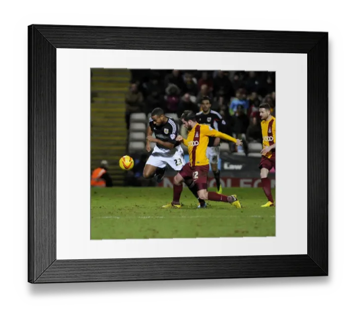 Framed Print : Tackle at Coral Windows Stadium: Tyrone Barnett vs. Matthew Bates in Bradford City vs. Bristol City Football Match, Sky Bet League One (January 11, 2014)