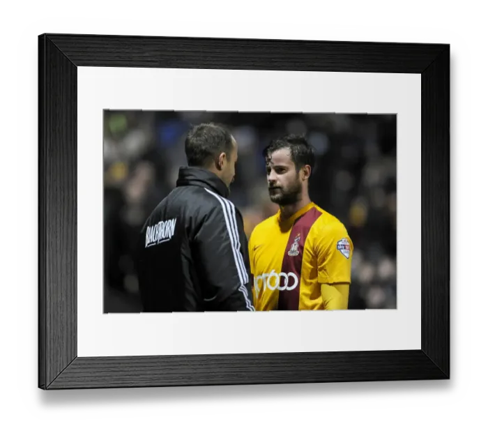 Framed Print : Louis Carey Consoles Matthew Bates After Bradford City vs. Bristol City Match, 2014 Framed Print : Louis Carey Consoles Matthew Bates After Bradford City vs. Bristol City Match, 2014