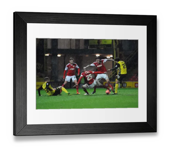 Framed Print : Bristol City Footballers Aden Flint and Marvin Elliott in Goalmouth Scramble during Watford vs Bristol City FA Cup Replay